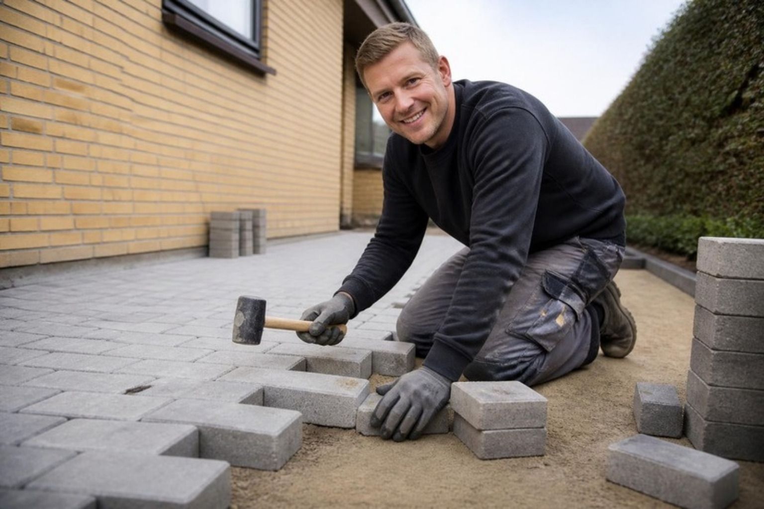 Smilende anlægsgartner lægger grå betonbelægningssten med gummihammer i en indkørsel
