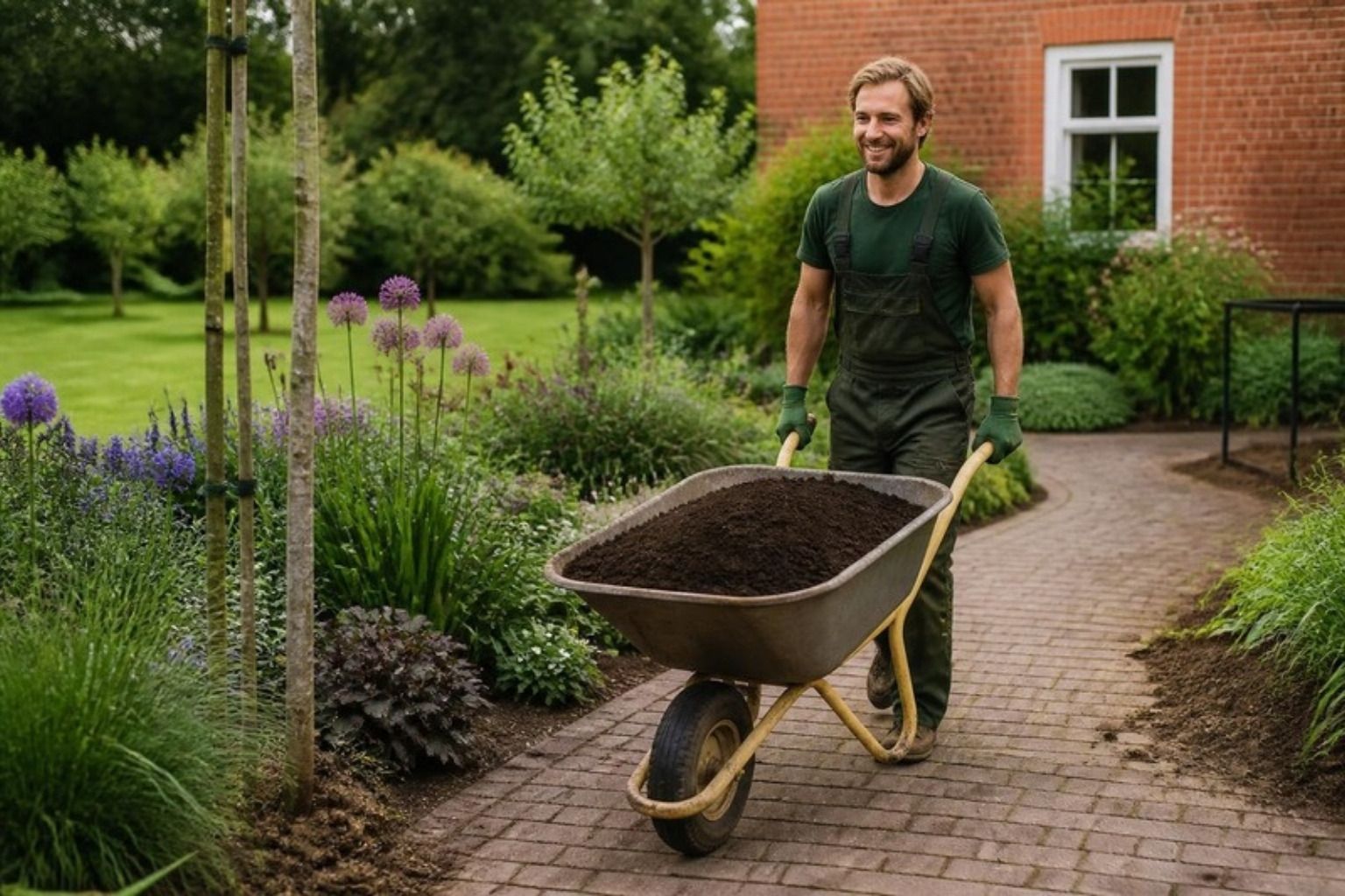 Smilende anlægsgartner kører en trillebør med jord ad en ny havesti mellem blomsterbede