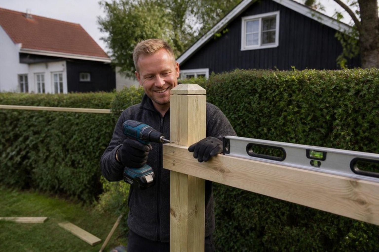 Smilende mand skruer et vandret hegnsbræt fast på en ny træstolpe med vaterpas
