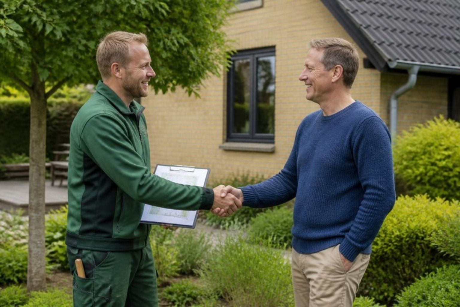 Smilende anlægsgartner med papirer giver hånd til en husejer foran et gult murstenshus