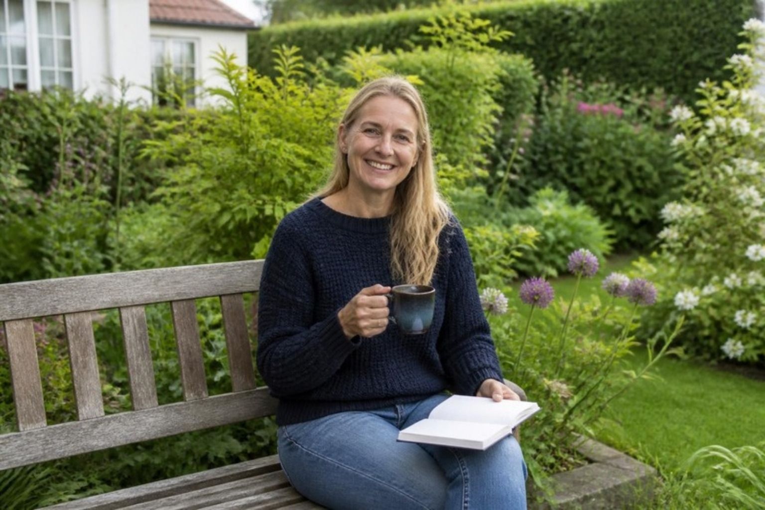 Smilende kvinde med notesbog og kaffe på en træbænk i en frodig have